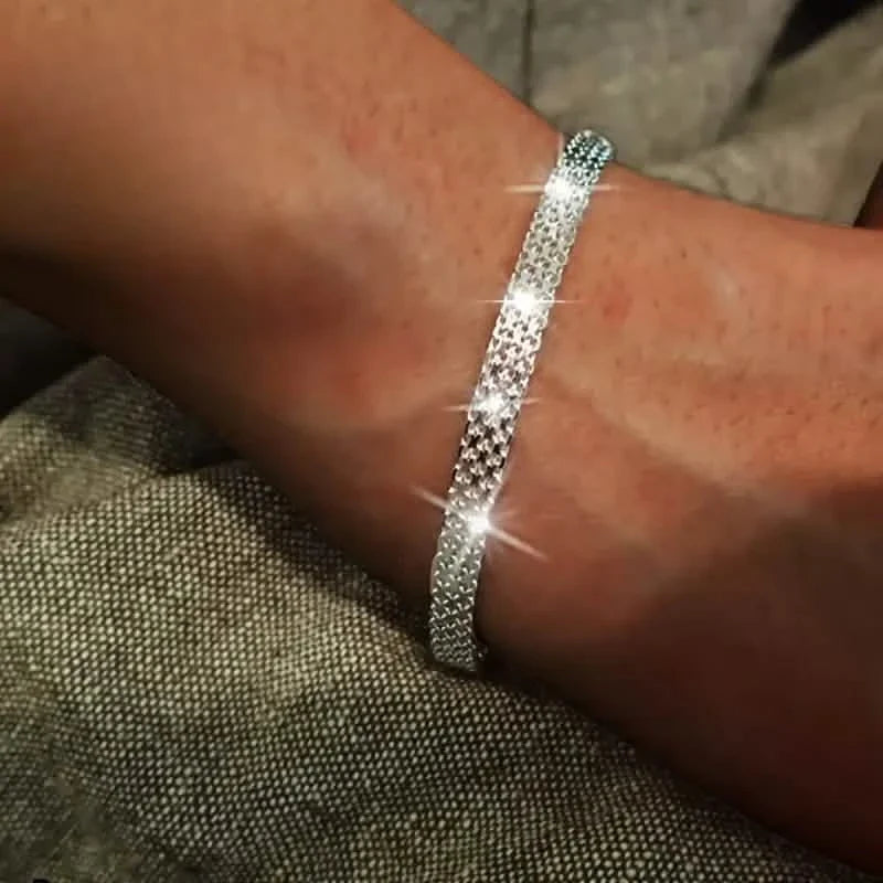 S925 Sterling Silver Chain Bracelet, Sparkling Mesh Embossing Pattern Jewelry 2