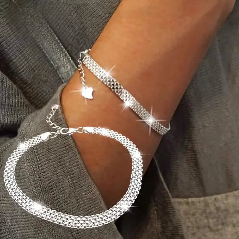 S925 Sterling Silver Chain Bracelet, Sparkling Mesh Embossing Pattern Jewelry 1
