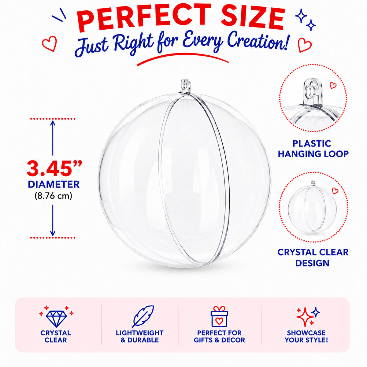 Set of 3 Clear Plastic Ball Ornaments 3.45 Inches (88 mm) 3