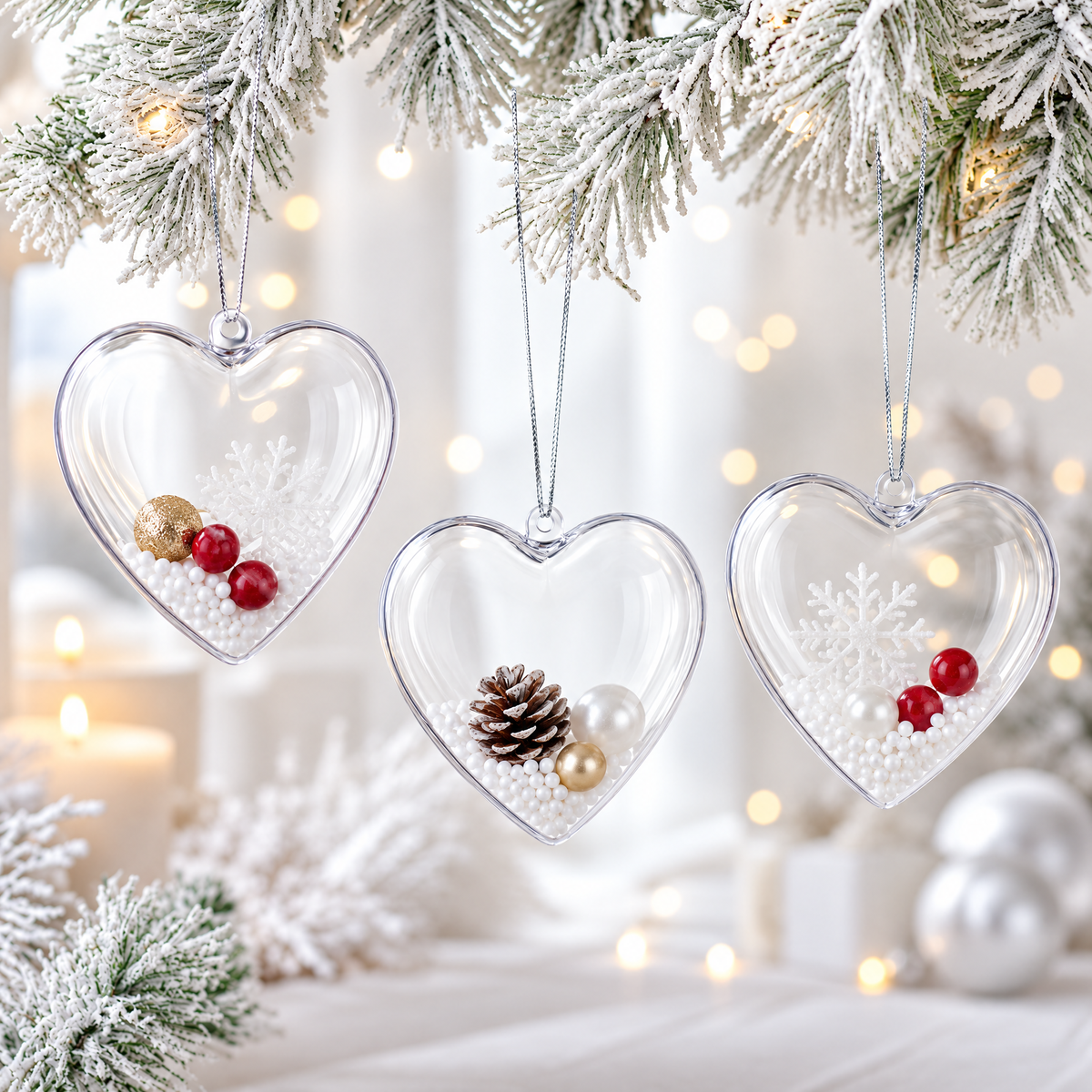 Set of 3 Clear Plastic Hearts Ornaments 2.45 Inches (62 mm) 2
