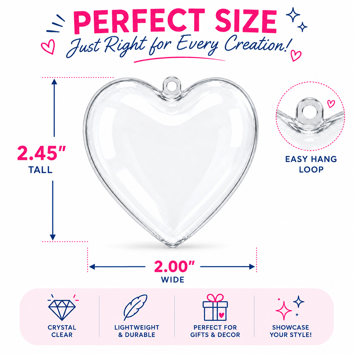 Set of 3 Clear Plastic Hearts Ornaments 2.45 Inches (62 mm) 3