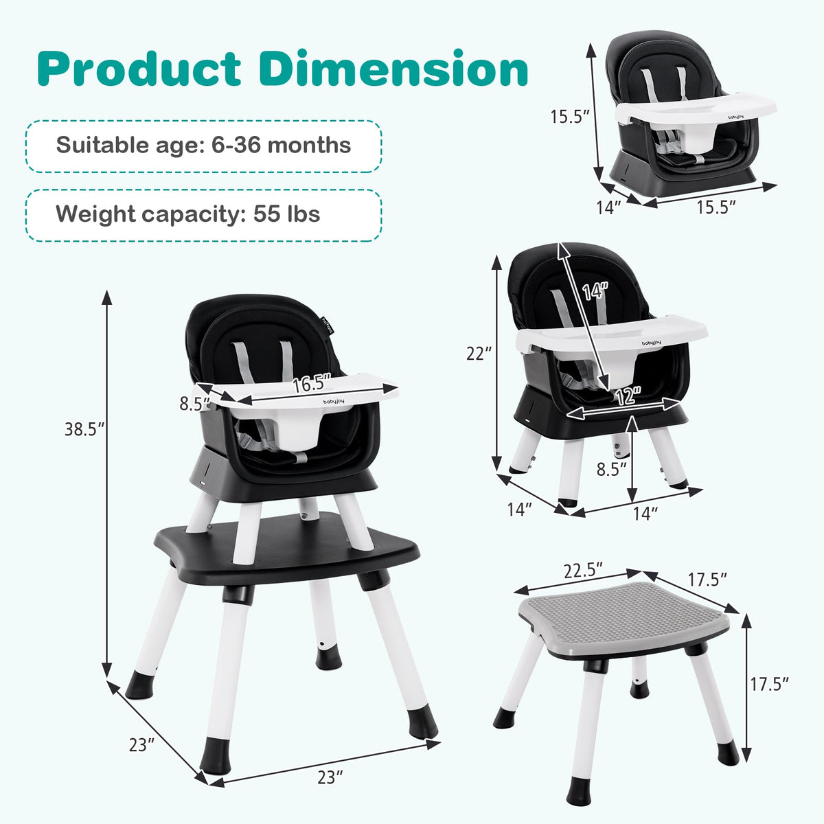 6-in-1 Convertible Baby High Chair with Adjustable Removable Tray 4