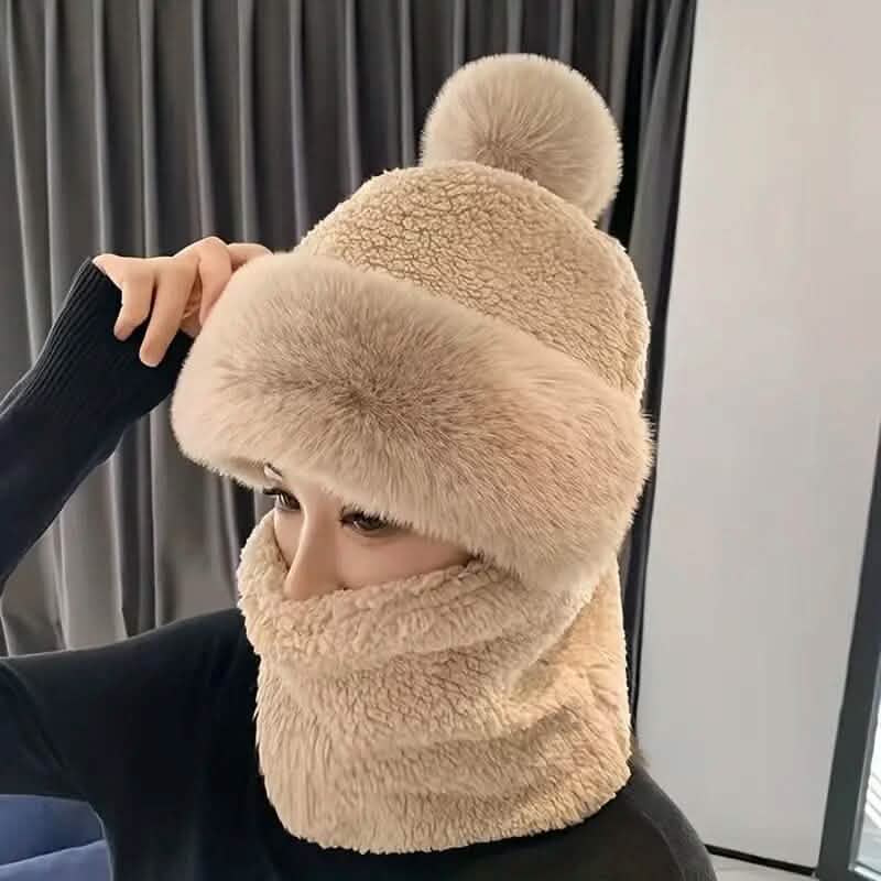 Solid Color Thickened Plush Neck Gaiter Mask Windproof Hooded Ear Protection Windproof Ski Hat 4
