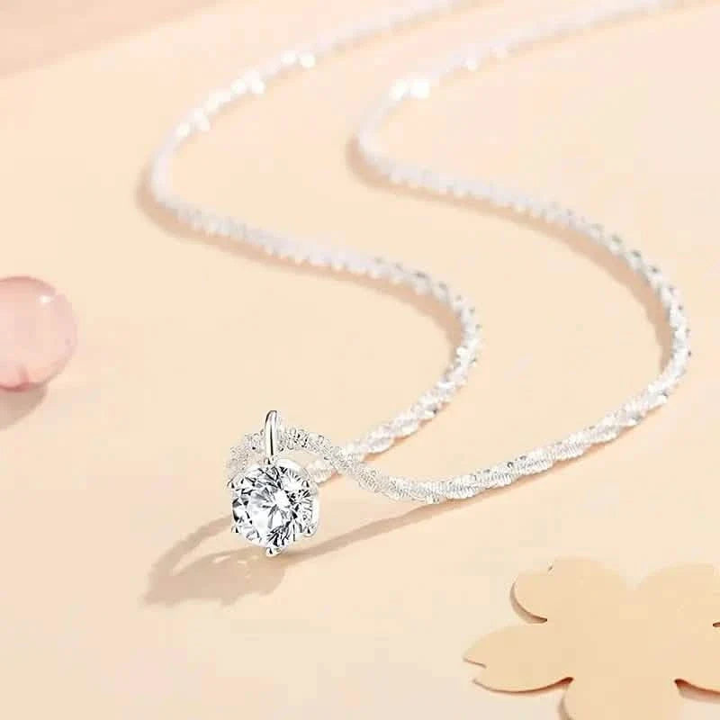 Sparkling Wave-Shaped Six-Claw Single Zirconia Pendant Necklace 2