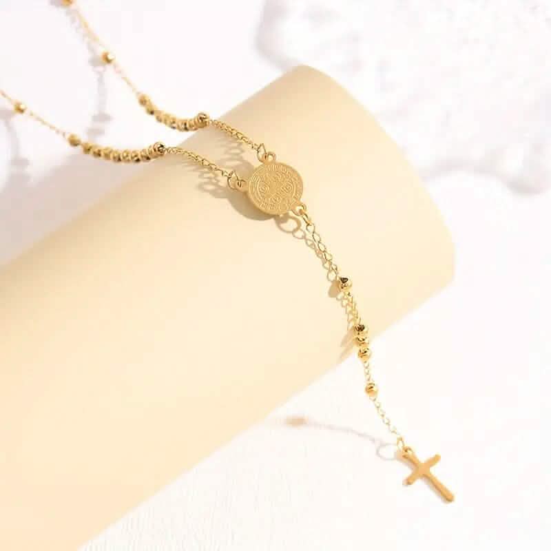 Stainless Steel St. Benedict Pattern Golden Rosary Cross Pendant Necklace 4