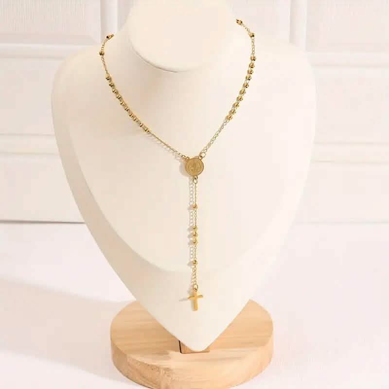 Stainless Steel St. Benedict Pattern Golden Rosary Cross Pendant Necklace 5
