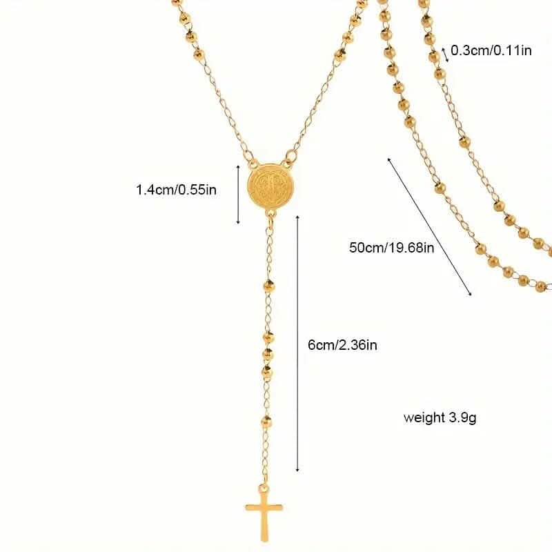Stainless Steel St. Benedict Pattern Golden Rosary Cross Pendant Necklace 3