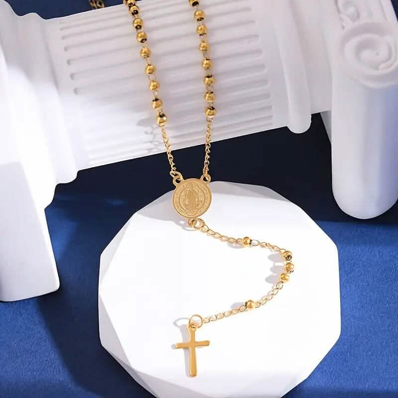 Stainless Steel St. Benedict Pattern Golden Rosary Cross Pendant Necklace 1