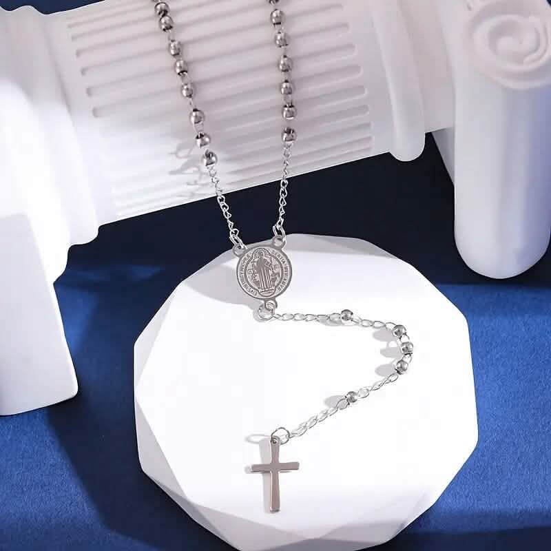Stainless Steel St. Benedict Pattern Golden Rosary Cross Pendant Necklace 2