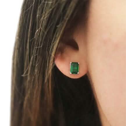 Sterling Silver 2.00 CTTW Emerald Cut Green Emerald Stud Earrings 2