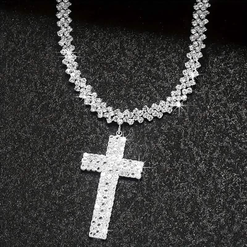 Sterling Silver 925 Luxury Cross Pendant Necklace with Multi-Layer Zircon and Sparkling Rhinestones 3