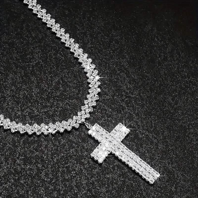 Sterling Silver 925 Luxury Cross Pendant Necklace with Multi-Layer Zircon and Sparkling Rhinestones 2