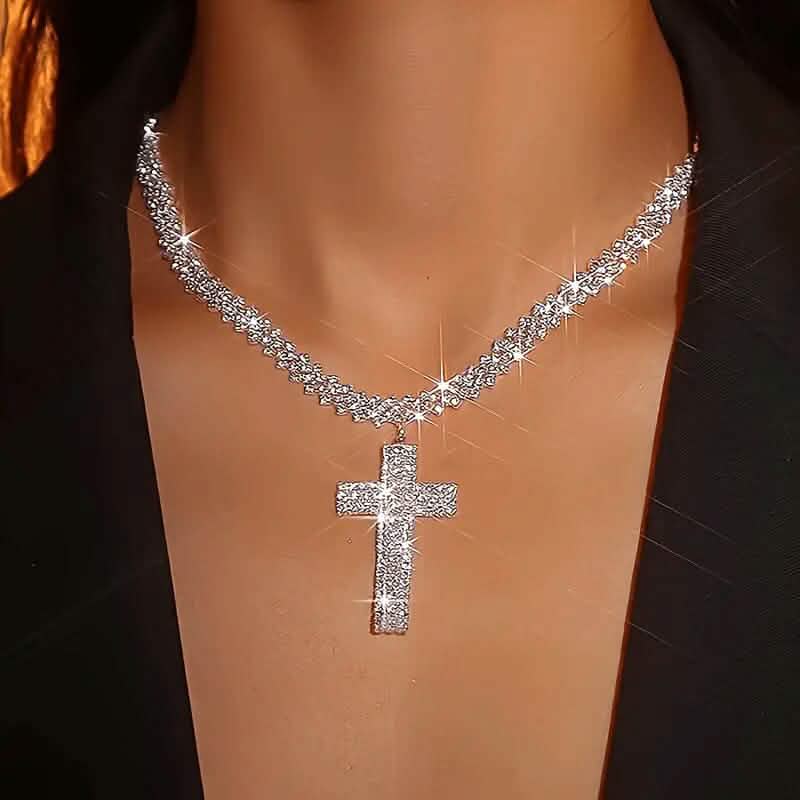 Sterling Silver 925 Luxury Cross Pendant Necklace with Multi-Layer Zircon and Sparkling Rhinestones 1