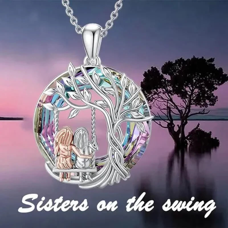 To My Granddaughter, Tree Of Life Sisters On The Swing Pendant Necklace 2