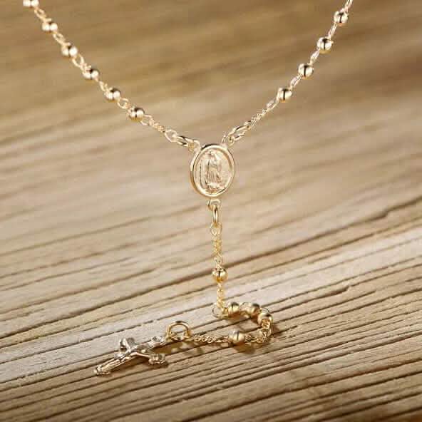 Unisex 14K Gold Virgin Mary Rosary Bead Cross Necklace 18'' 1