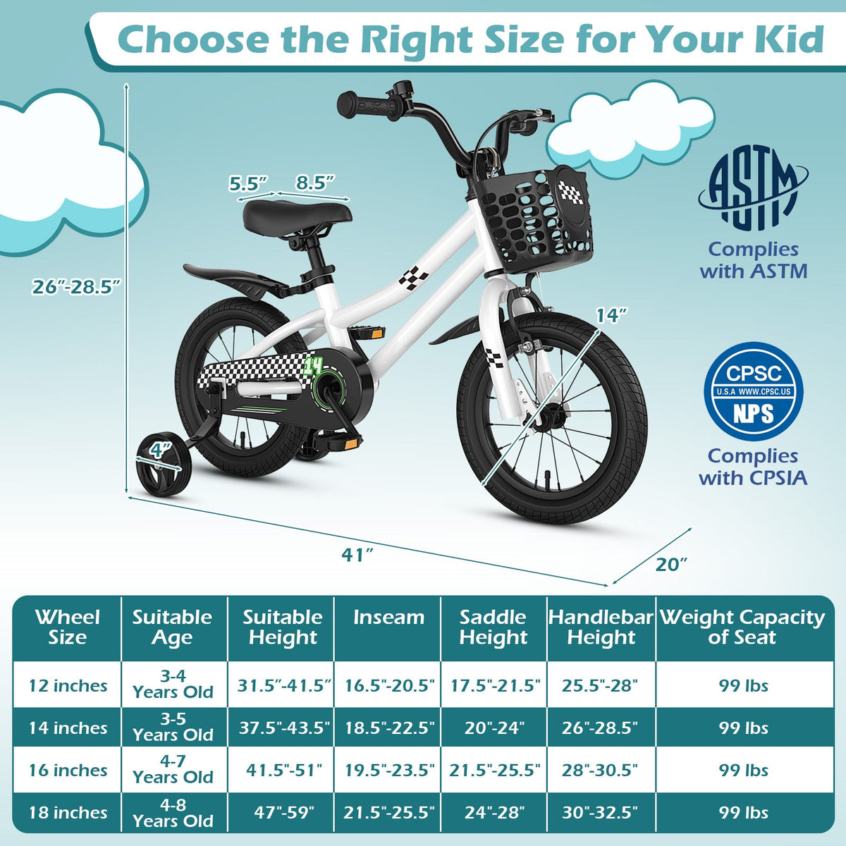 14 Inch Kids Bike White with Blue Helmet Protective Set 4