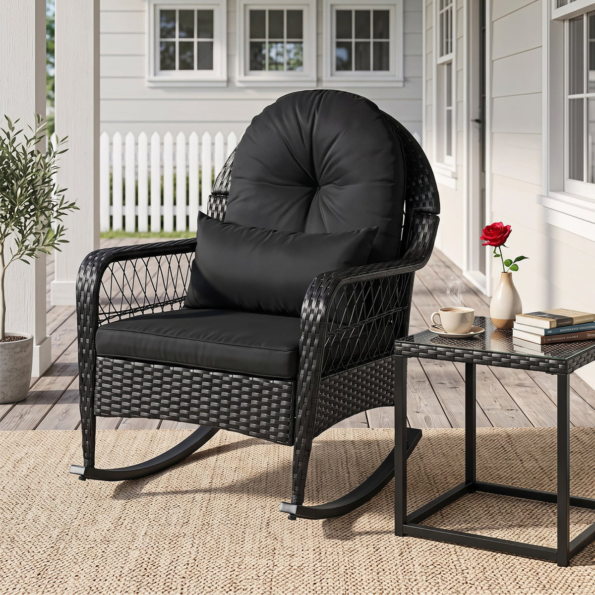 Outdoor Wicker Rocking Chair with Cushions and Anti-Tip Stoppers 1