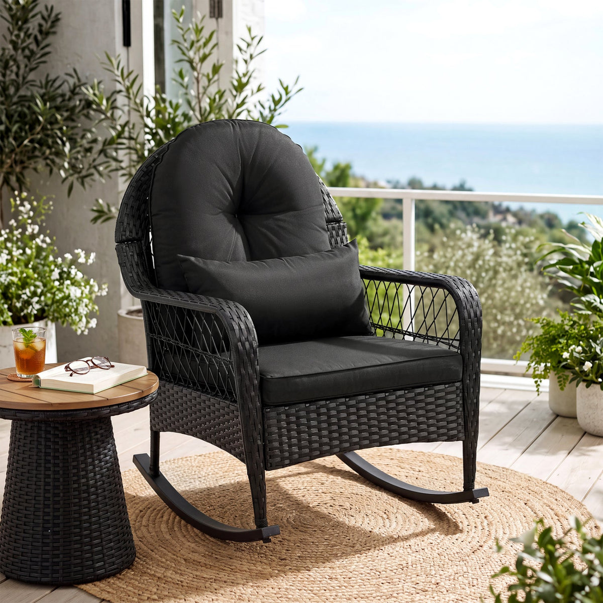 Outdoor Wicker Rocking Chair with Cushions and Anti-Tip Stoppers 2