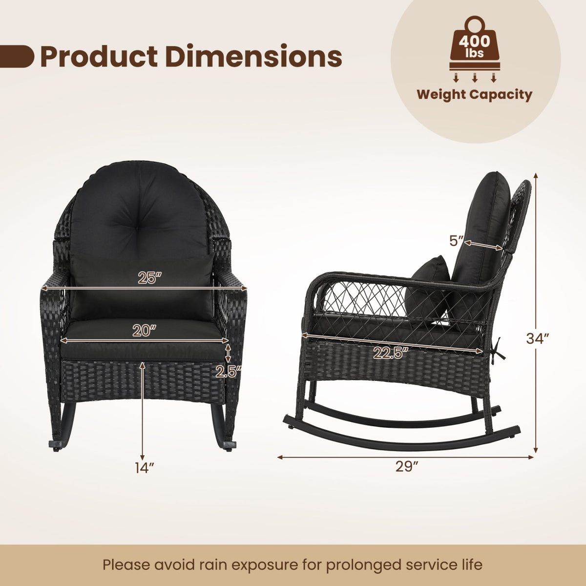 Outdoor Wicker Rocking Chair with Cushions and Anti-Tip Stoppers 4