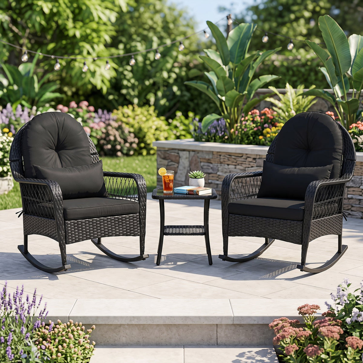 Outdoor Wicker Rocking Chair with Cushions and Anti-Tip Stoppers 5