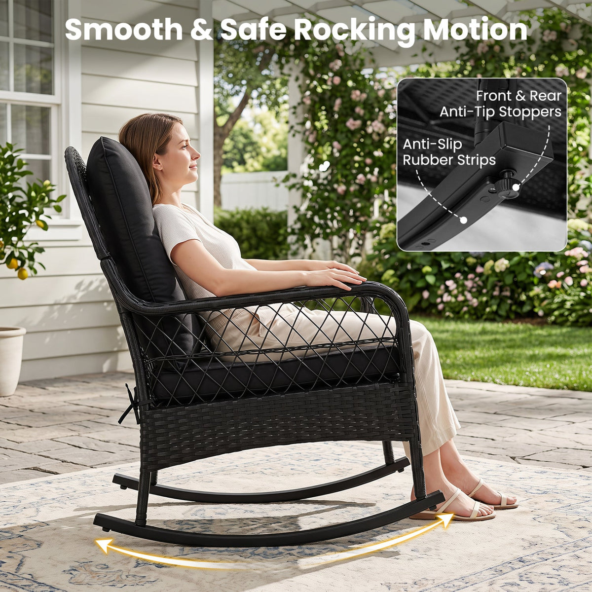 Outdoor Wicker Rocking Chair with Cushions and Anti-Tip Stoppers 6
