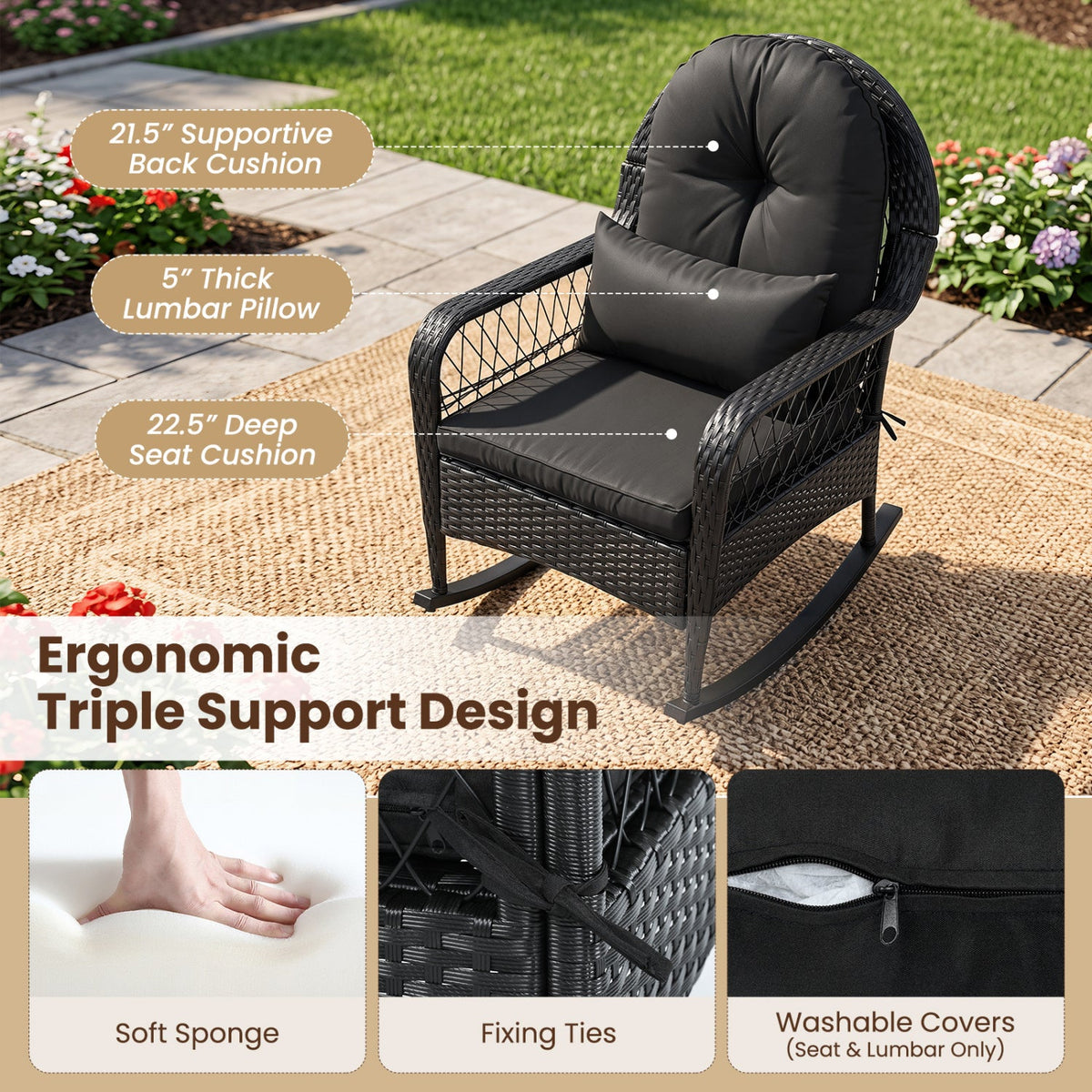 Outdoor Wicker Rocking Chair with Cushions and Anti-Tip Stoppers 7