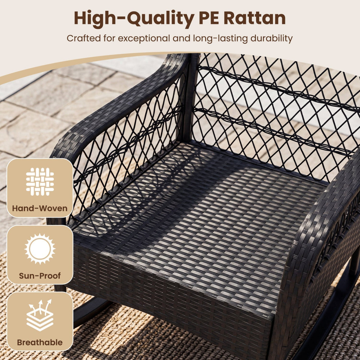 Outdoor Wicker Rocking Chair with Cushions and Anti-Tip Stoppers 8
