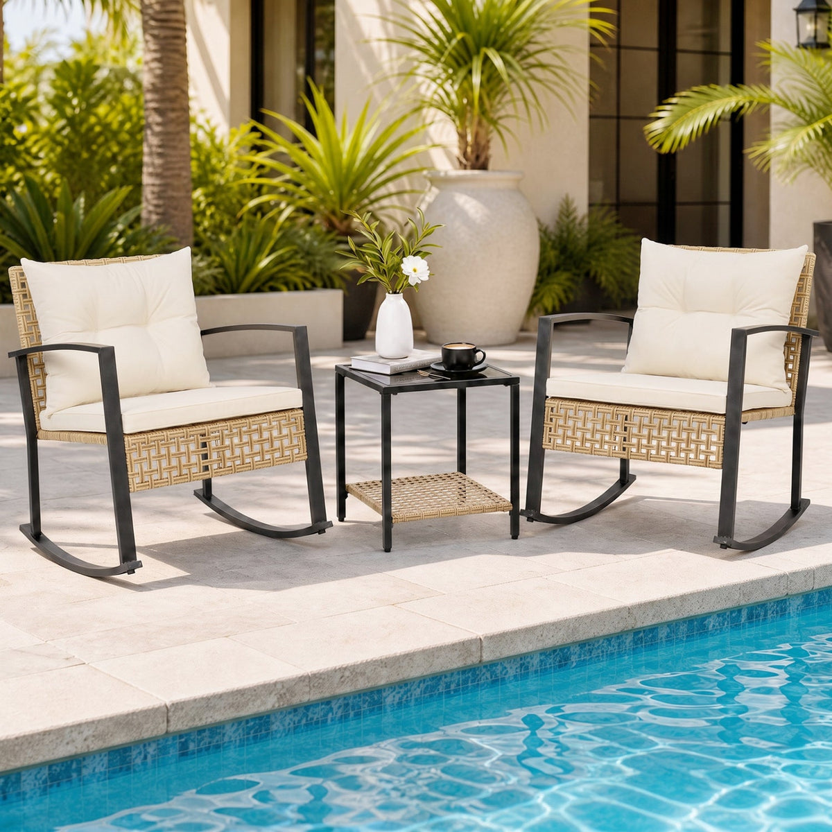 3-Piece Rattan Patio Conversation Set with Rocking Chairs 1