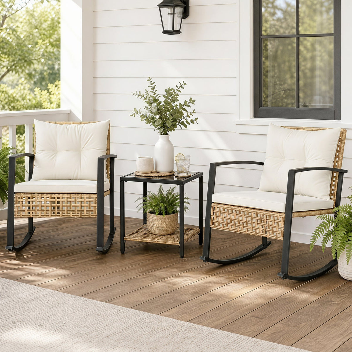 3-Piece Rattan Patio Conversation Set with Rocking Chairs 2