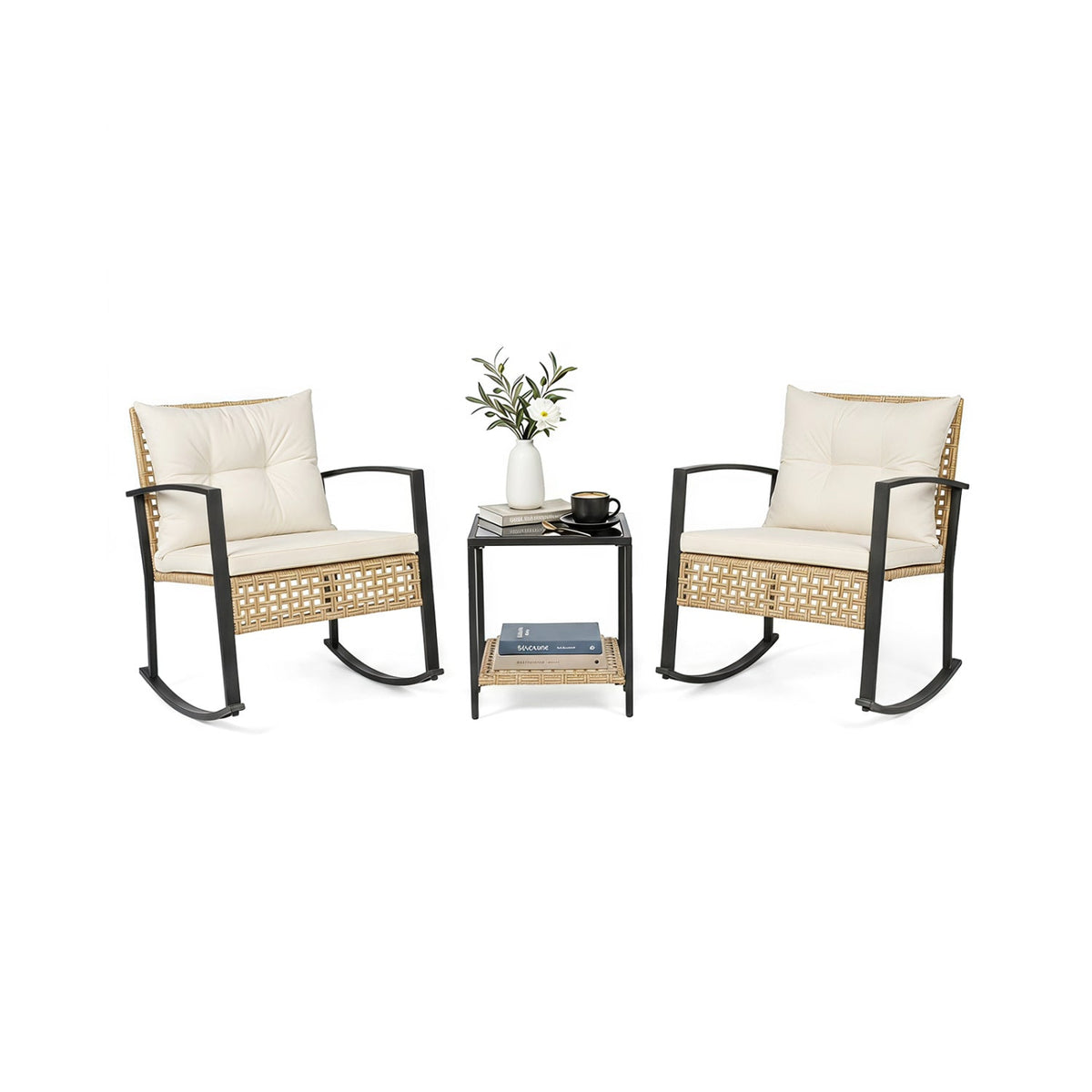 3-Piece Rattan Patio Conversation Set with Rocking Chairs 3