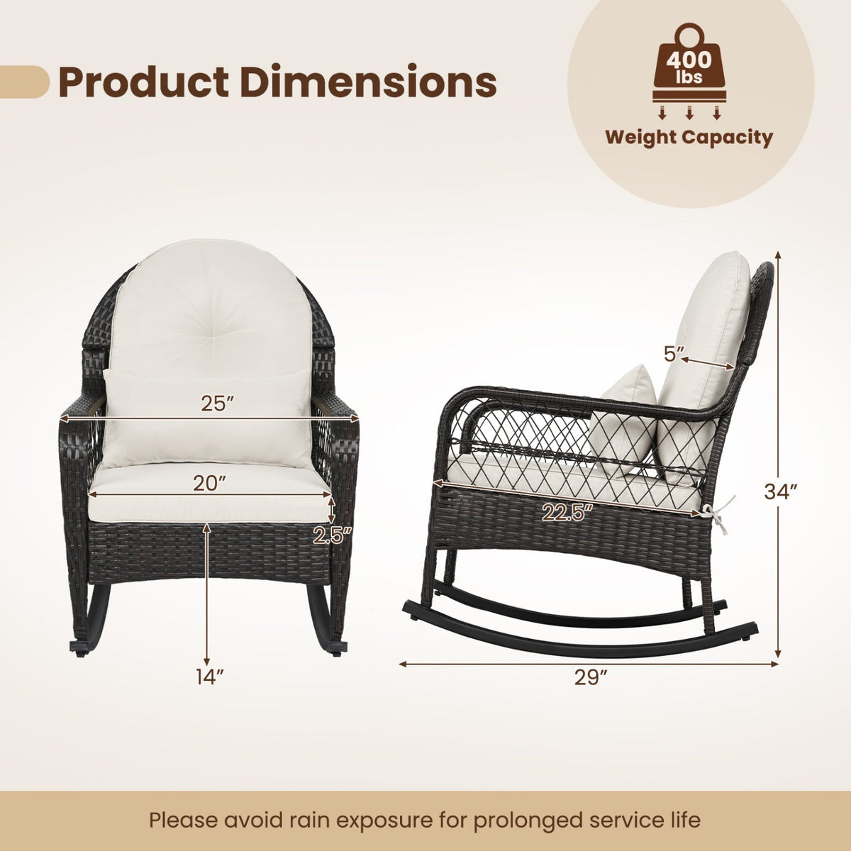 Outdoor Wicker Rocking Chair with Cushions - 400 LBS Capacity 12