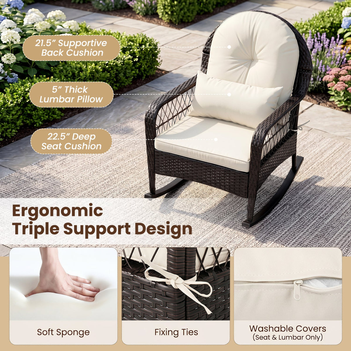 Outdoor Wicker Rocking Chair with Cushions - 400 LBS Capacity 14