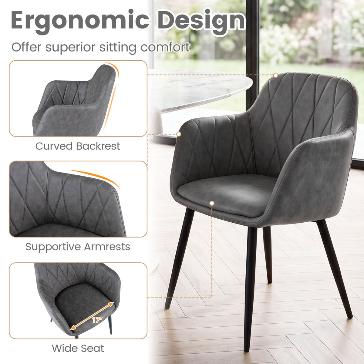 Upholstered Dining Chairs Set of 2 with Curved Back 6