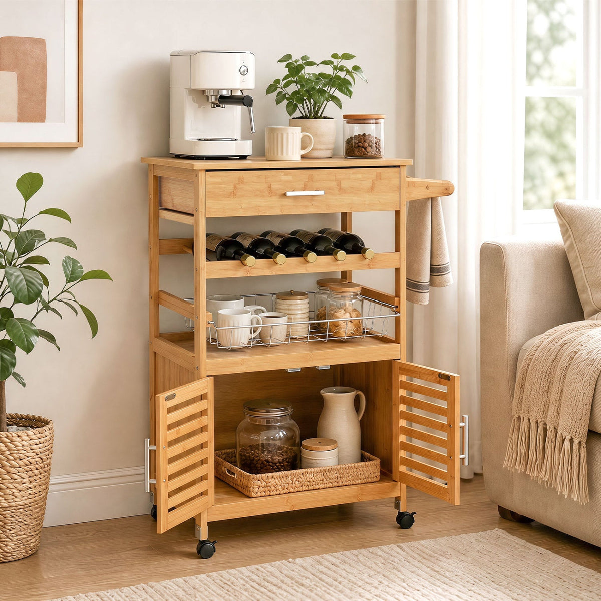 Rolling Kitchen Island Cart with Wine Rack and Storage 1