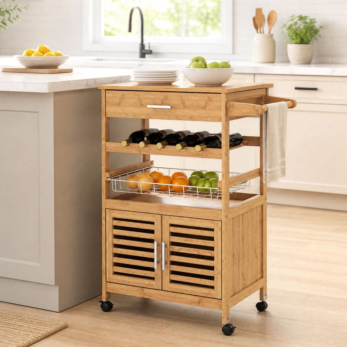 Rolling Kitchen Island Cart with Wine Rack and Storage 2