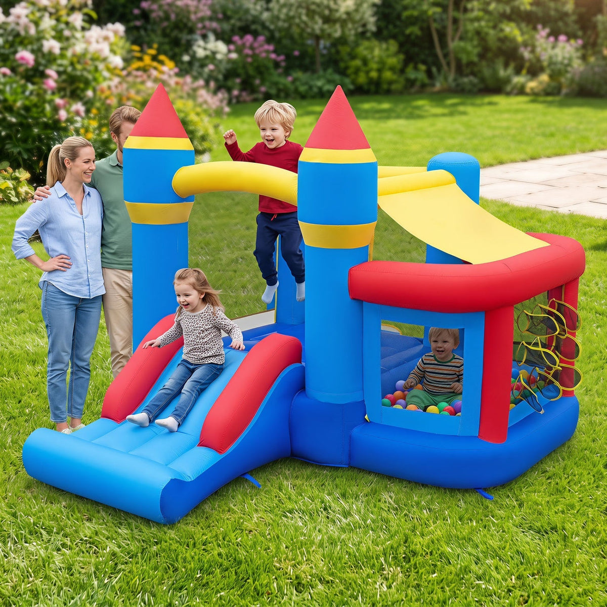 Inflatable Bounce House with Slide, Ball Pit & 550W Blower 1