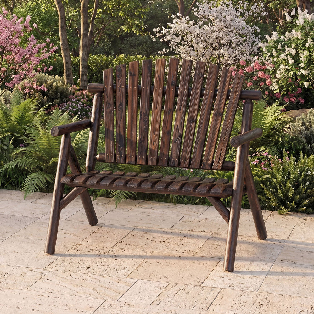 2-Person Log Wood Patio Bench with Slatted Backrest 1