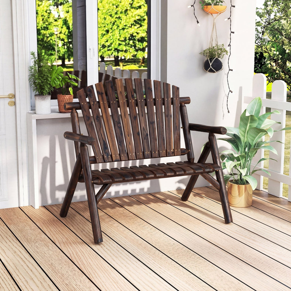 2-Person Log Wood Patio Bench with Slatted Backrest 2
