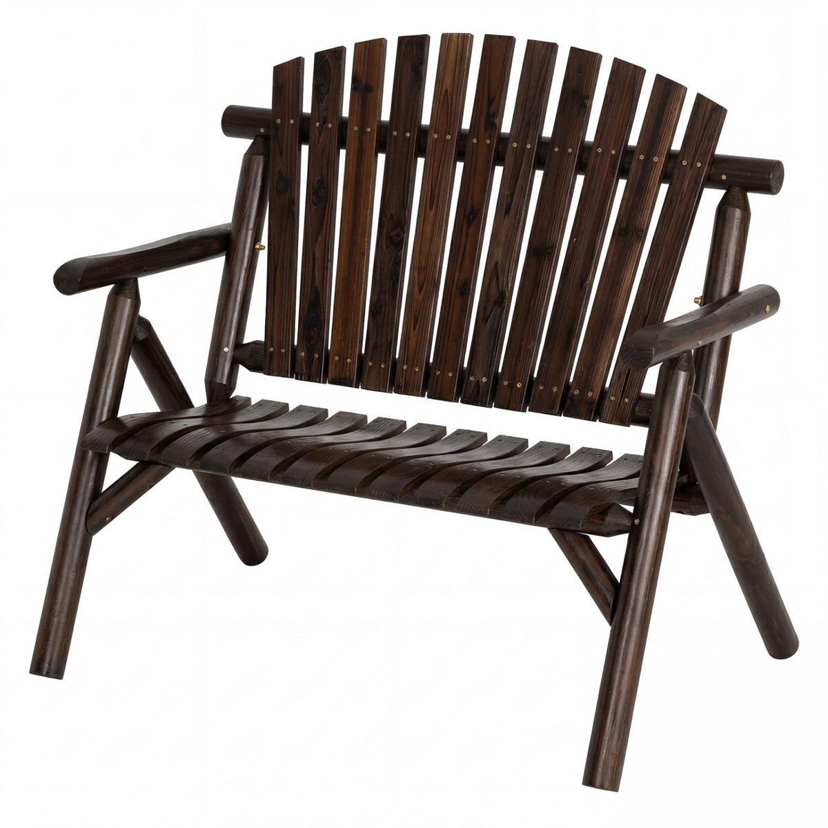 2-Person Log Wood Patio Bench with Slatted Backrest 3