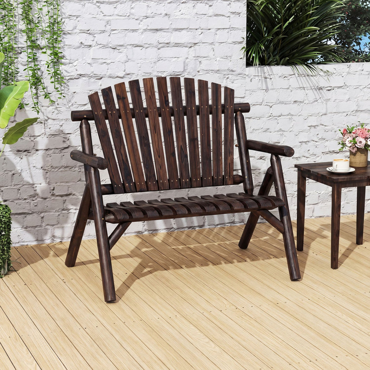2-Person Log Wood Patio Bench with Slatted Backrest 4