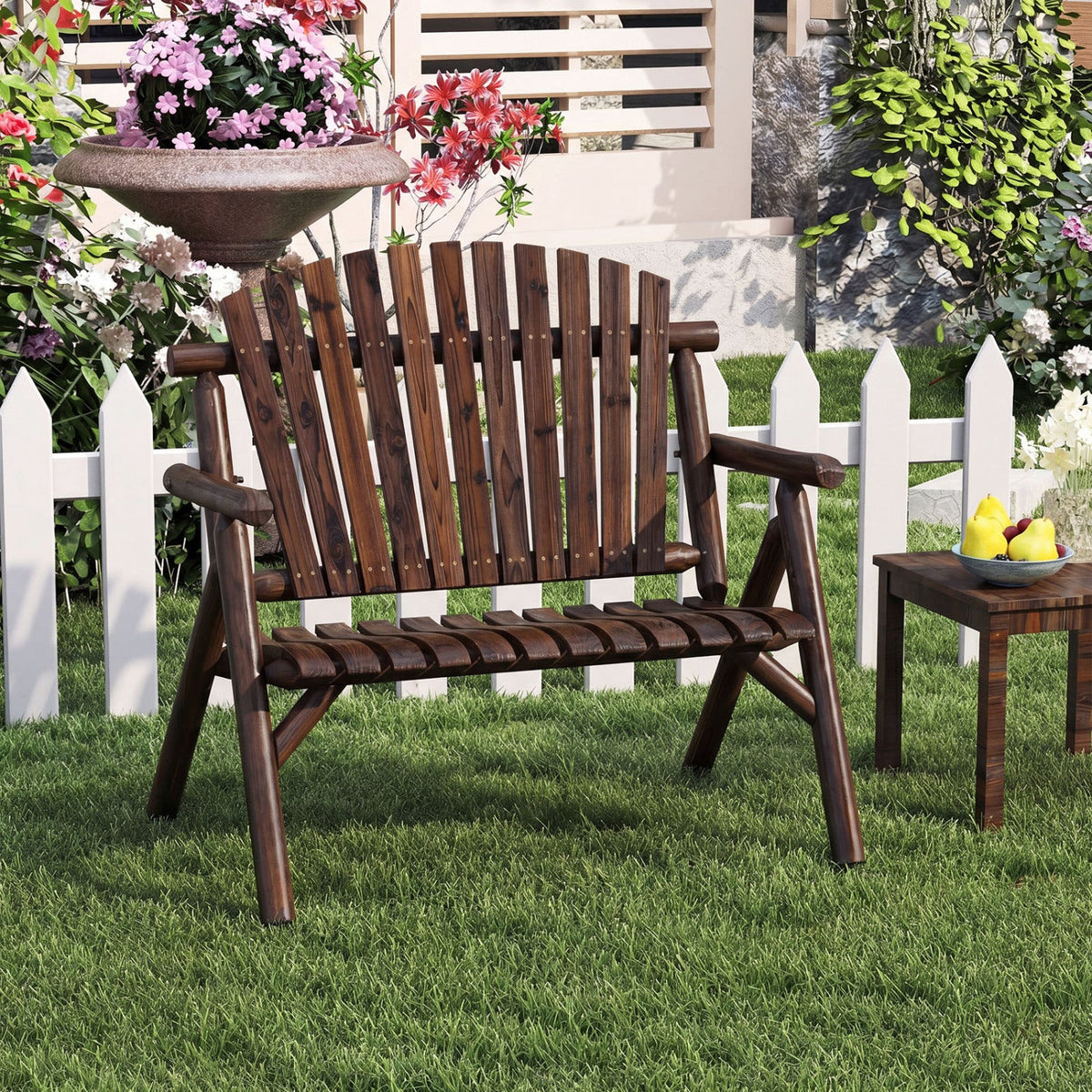 2-Person Log Wood Patio Bench with Slatted Backrest 5