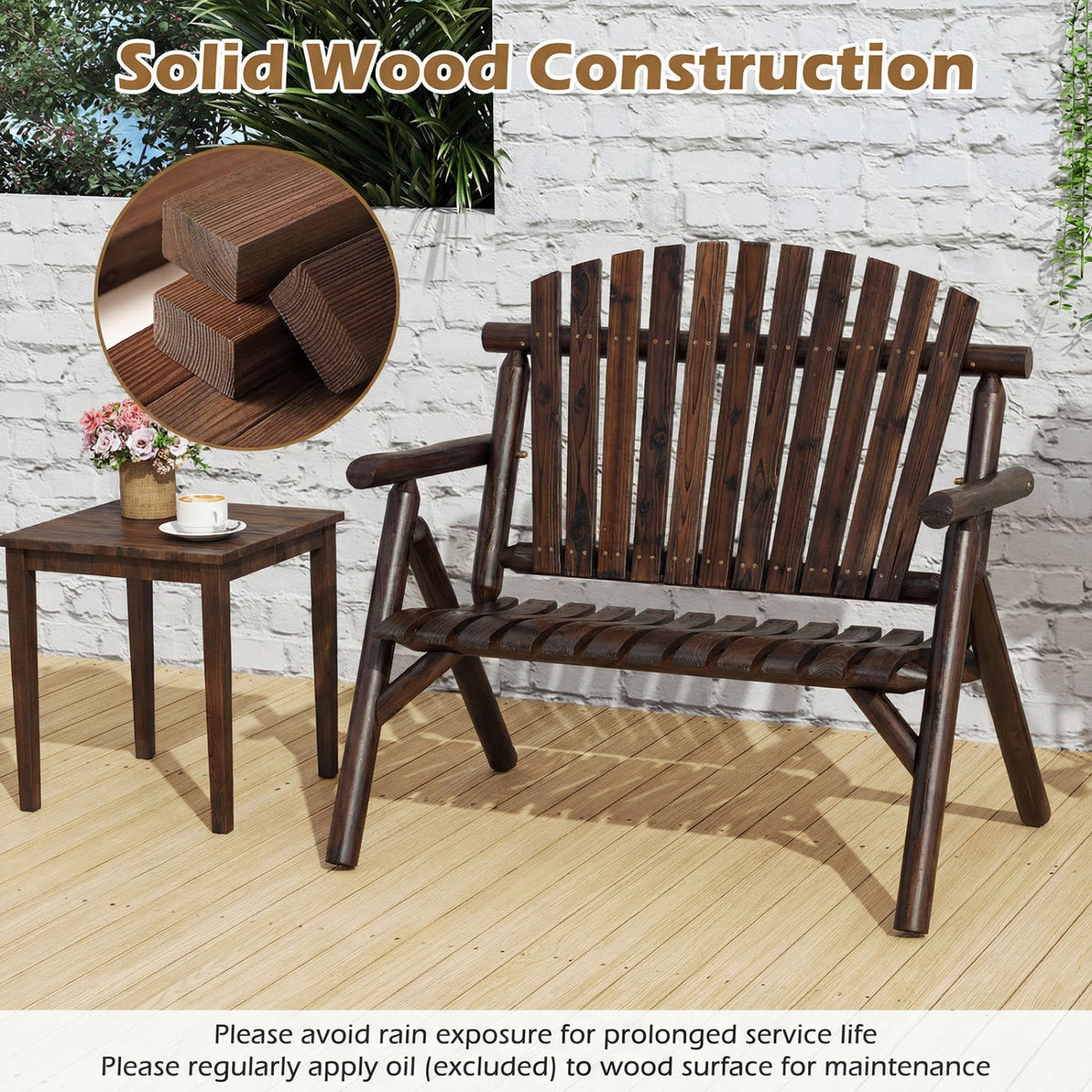 2-Person Log Wood Patio Bench with Slatted Backrest 6