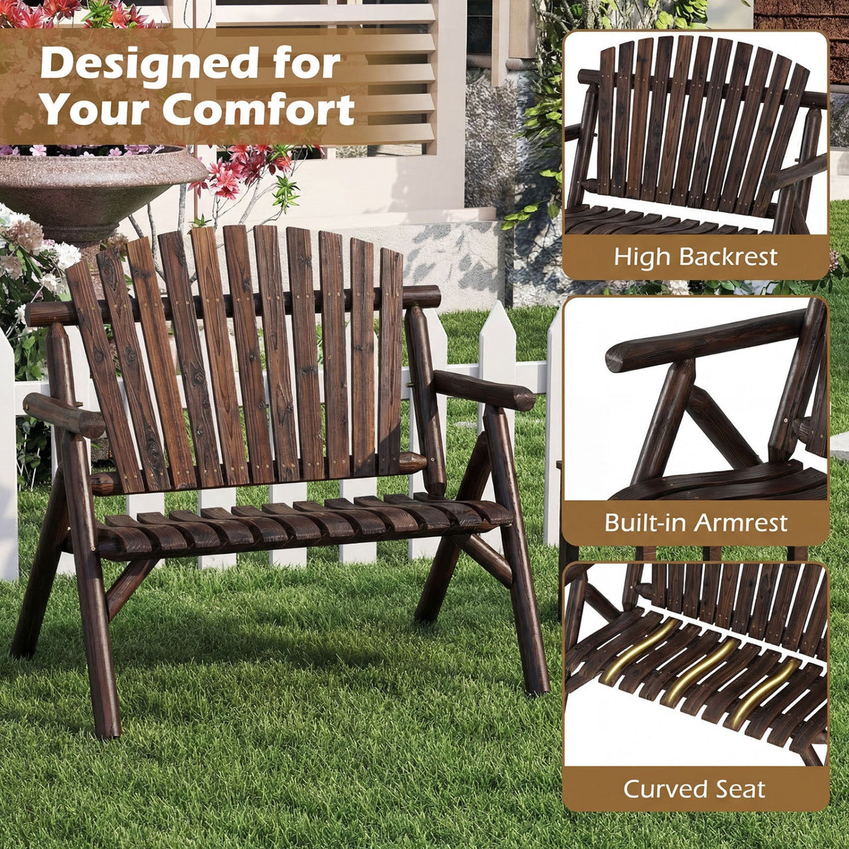 2-Person Log Wood Patio Bench with Slatted Backrest 7
