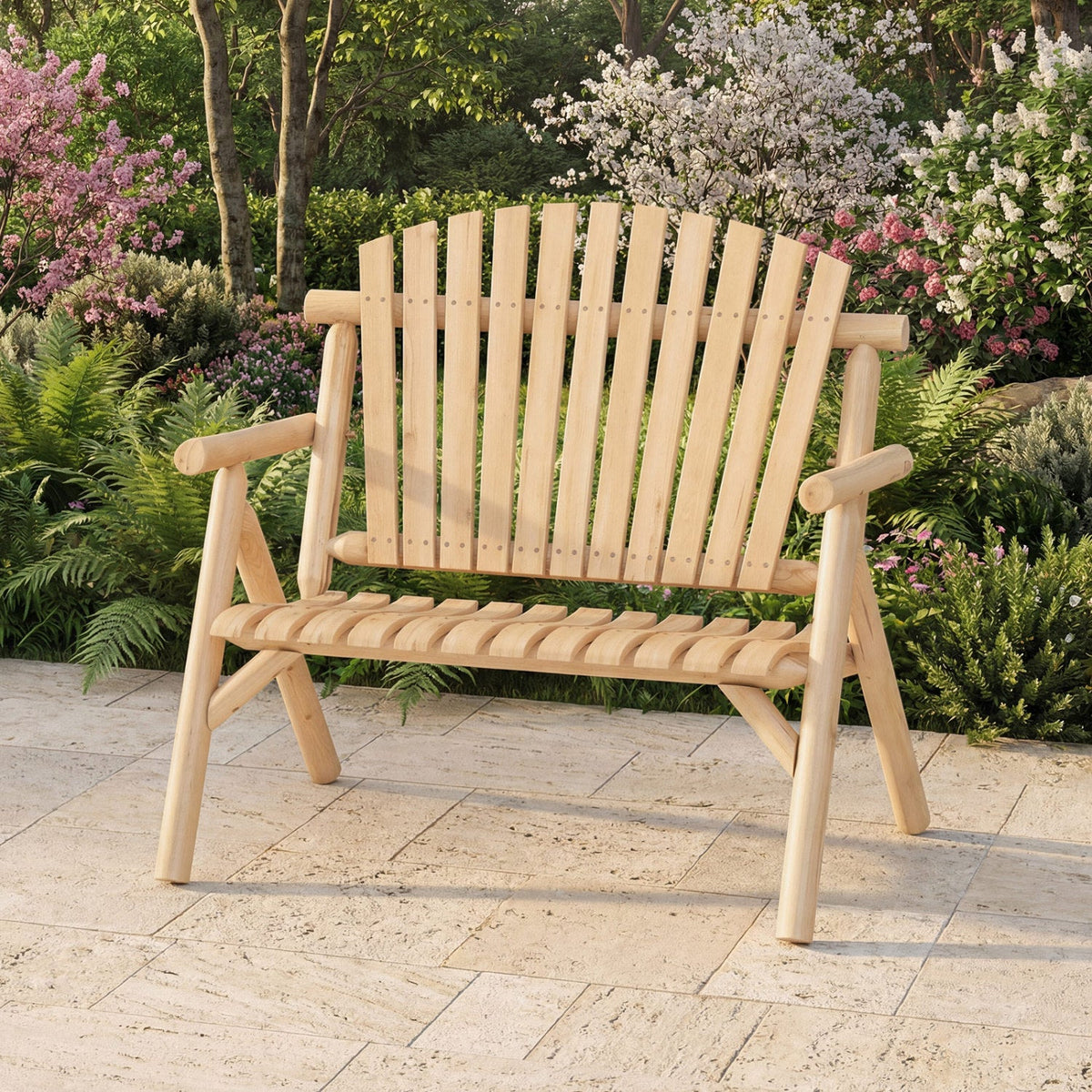 2-Person Log Wood Patio Bench with Slatted Backrest 9