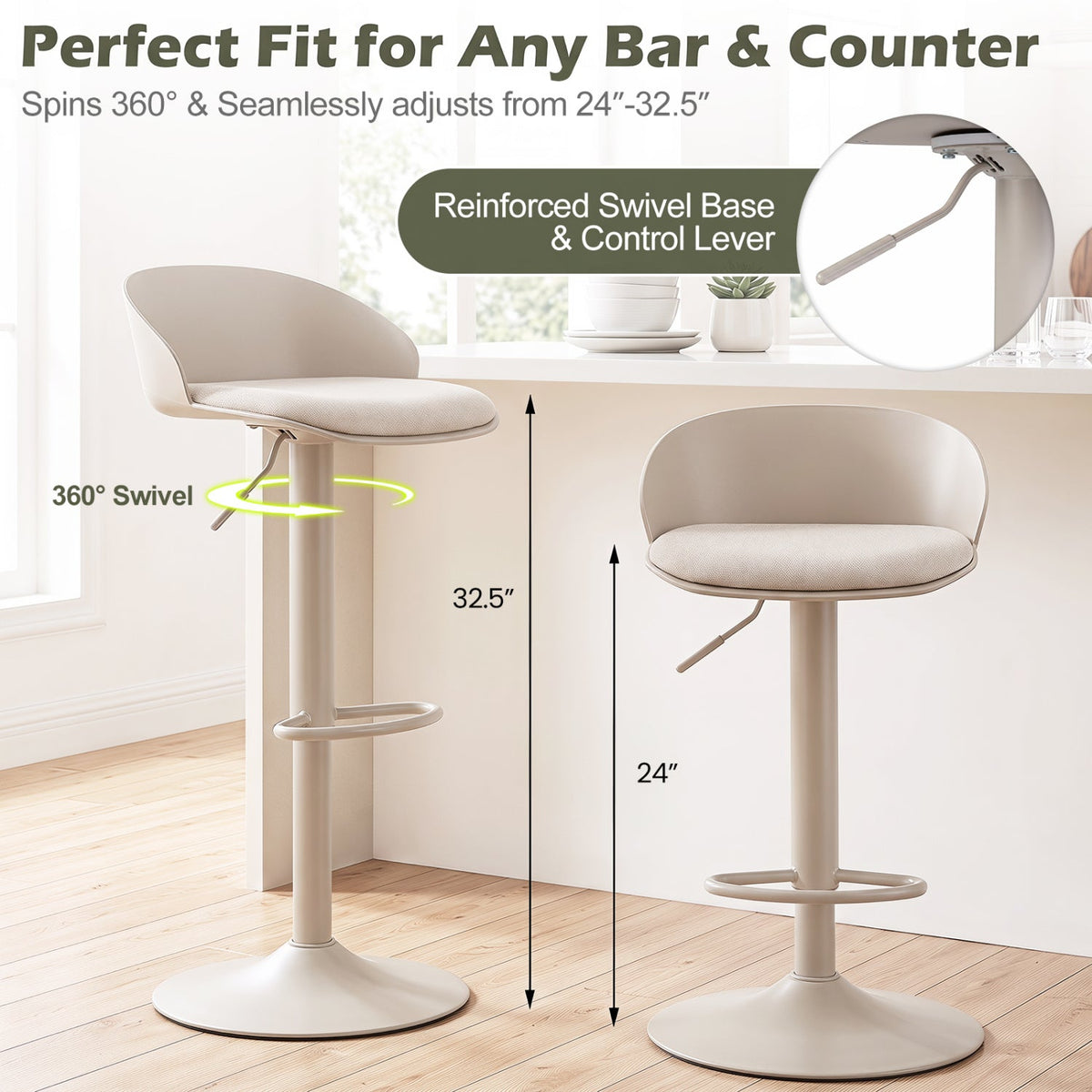 Adjustable Swivel Bar Stools Set of 2 with Back & Footrest 5