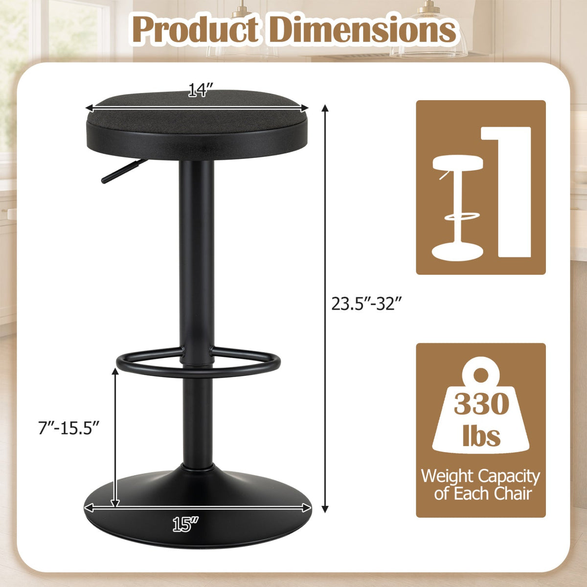 Adjustable Bar Stools Set of 2 with Padded Seat 4