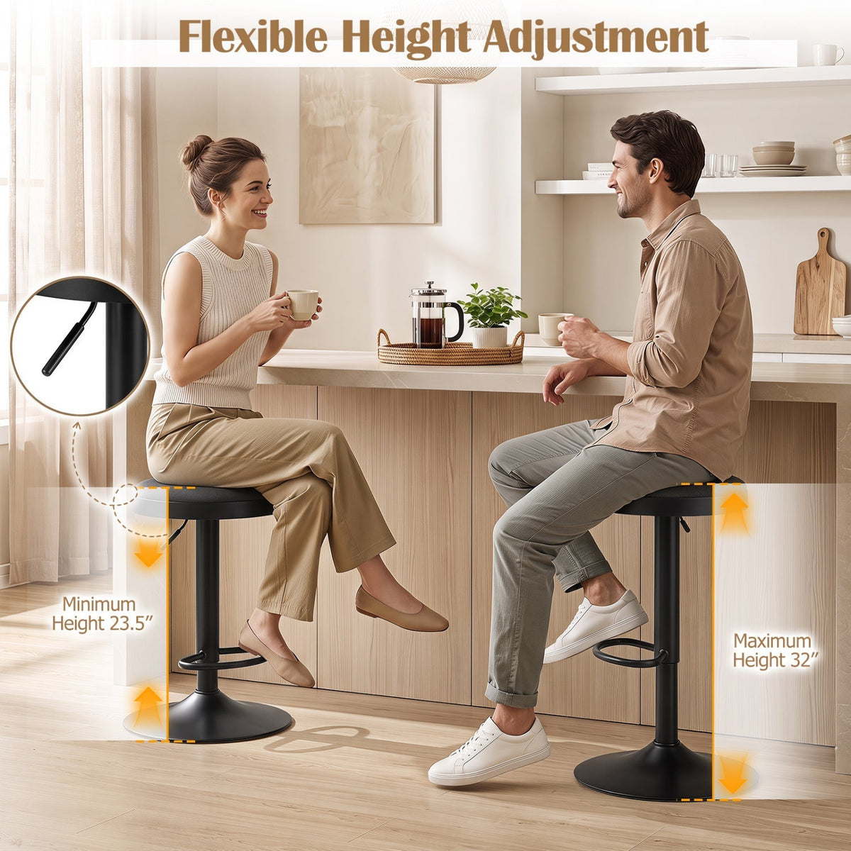 Adjustable Bar Stools Set of 2 with Padded Seat 7