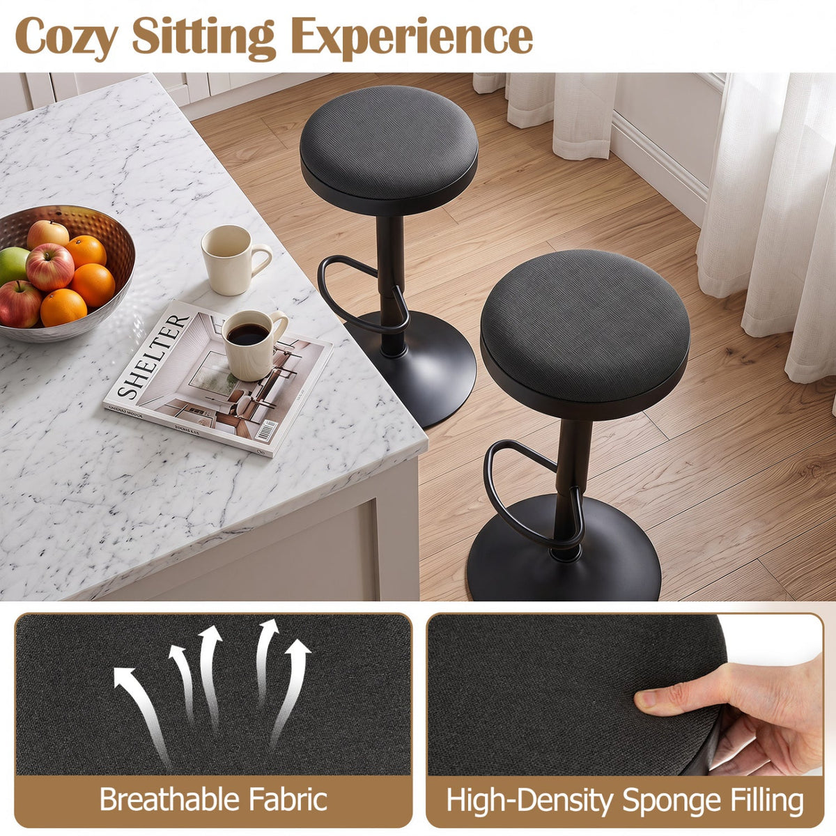 Adjustable Bar Stools Set of 2 with Padded Seat 8