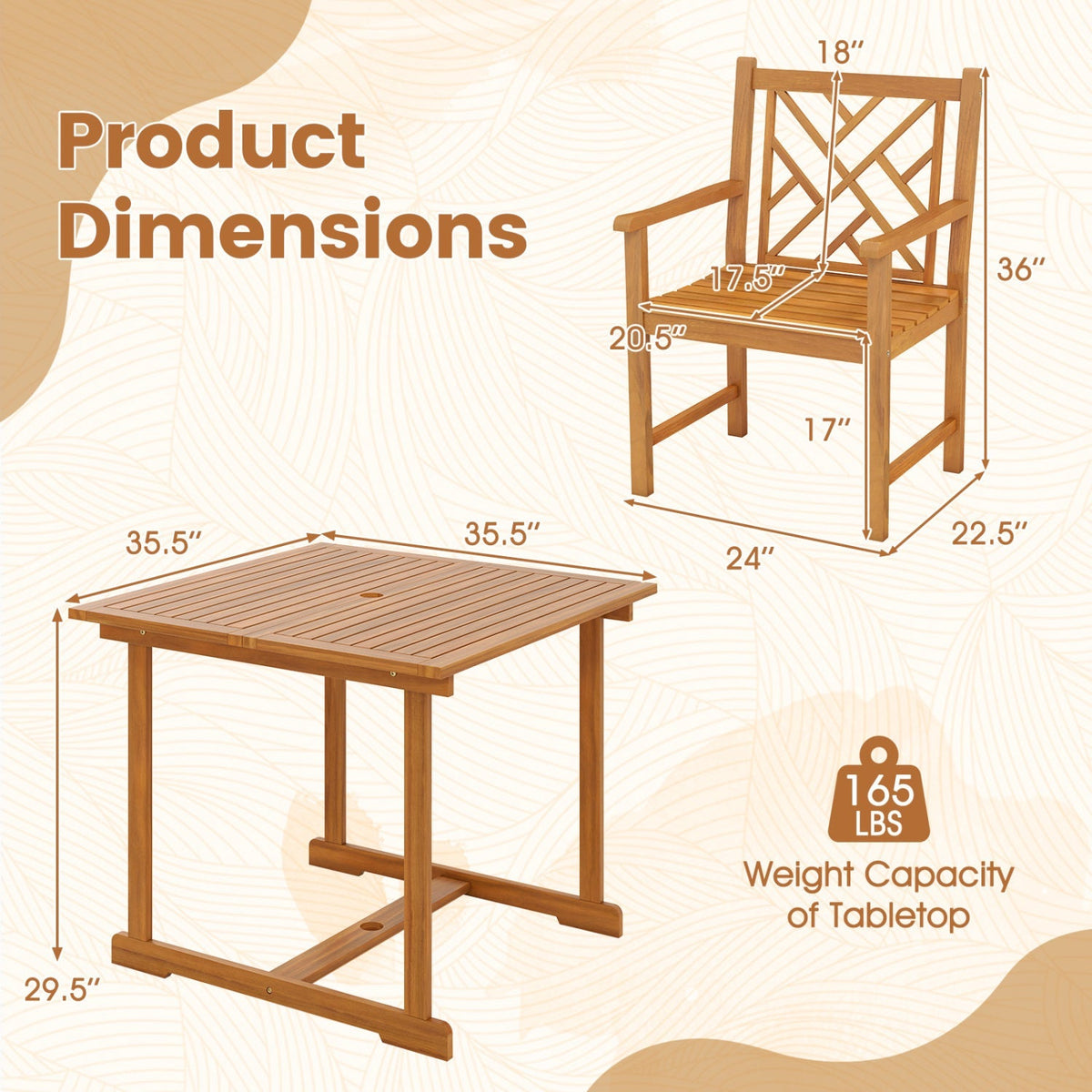 5-Piece Acacia Wood Patio Dining Set for 4 with Armchairs 3