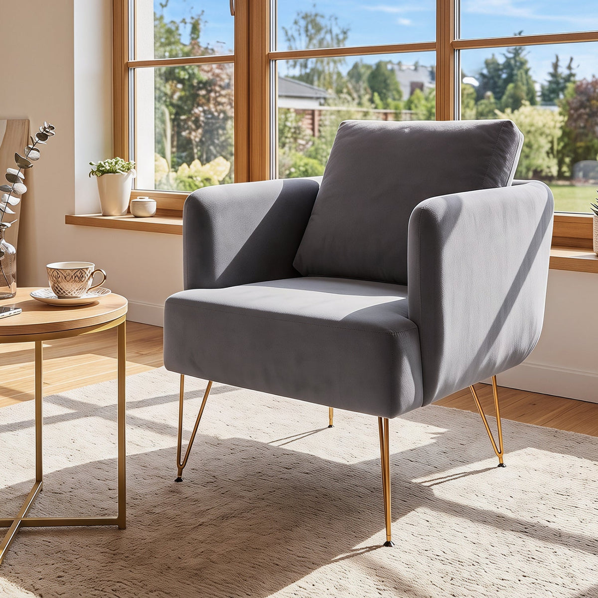 Velvet Accent Chair with Back Cushion and Golden Metal Legs 1
